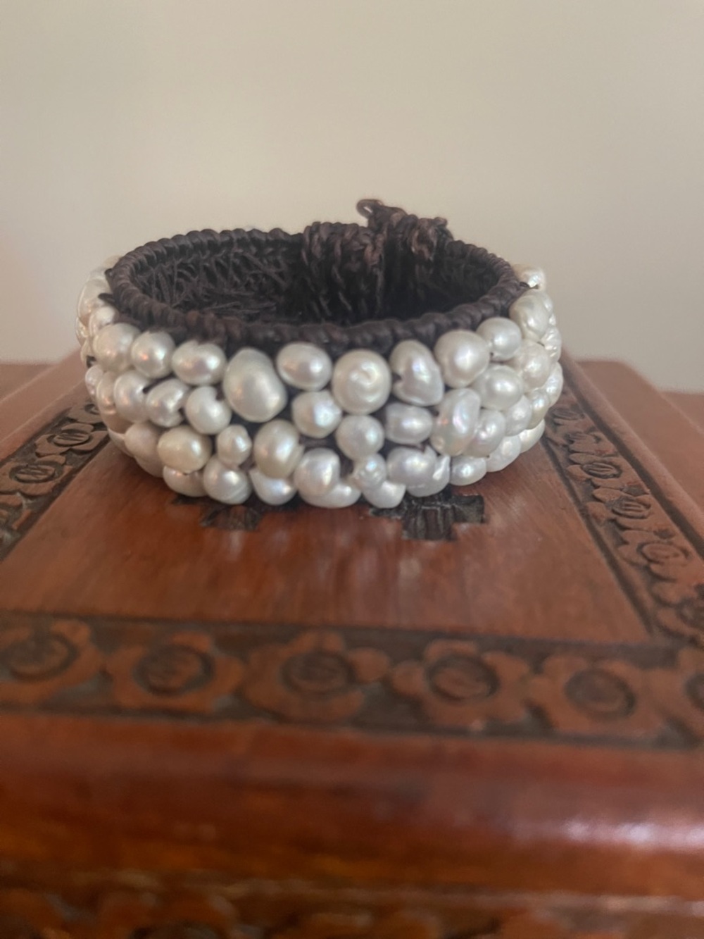Pearl-Embellished Brown Cord Bracelet